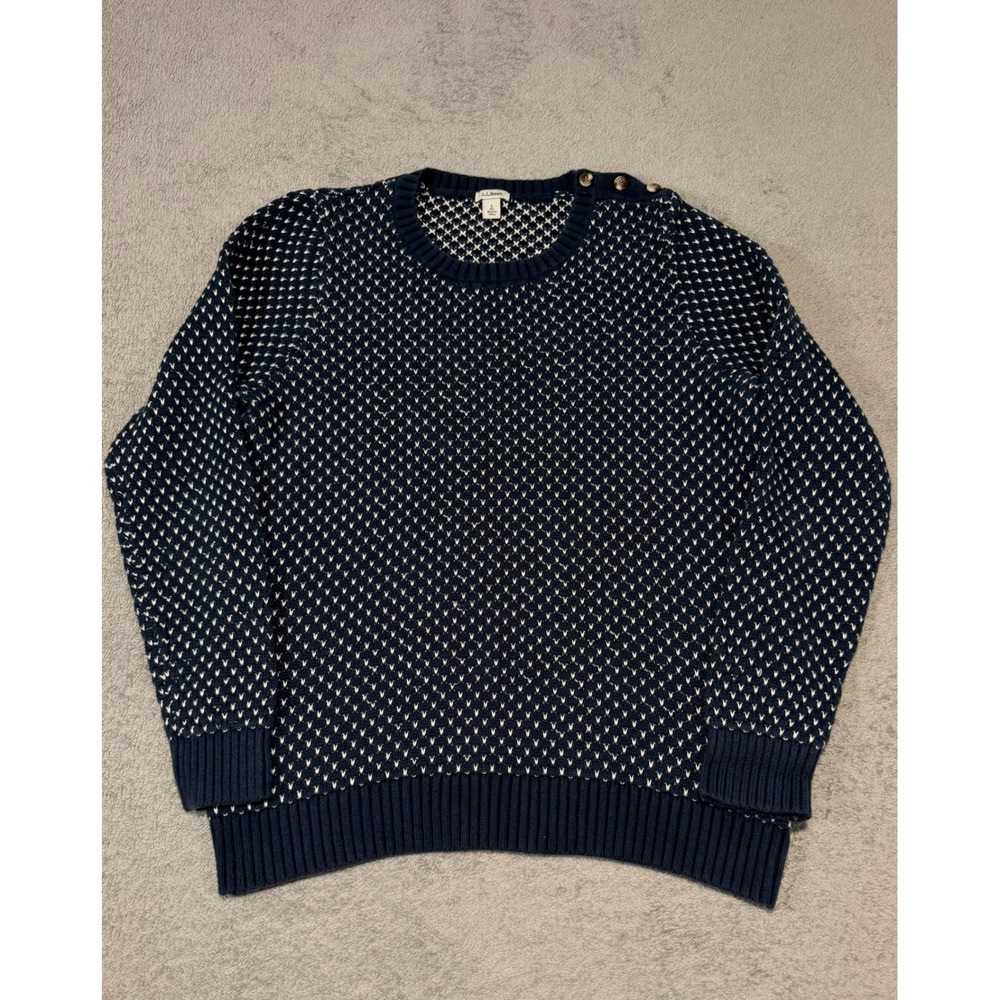 LL Bean Signature Birdseye Crewneck Sweater Navy White Button Shoulder Large